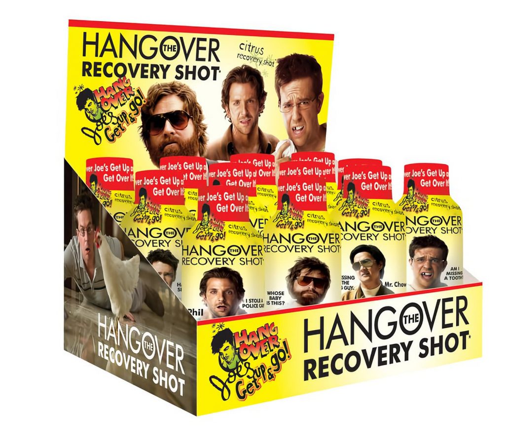 Компания заключила партнерское соглашение с Warner Bros, чтобы нанести персонажей оторва-фильма «Мальчишник в Вегасе» на бутылки своего бренда Hangover Recovery Shot